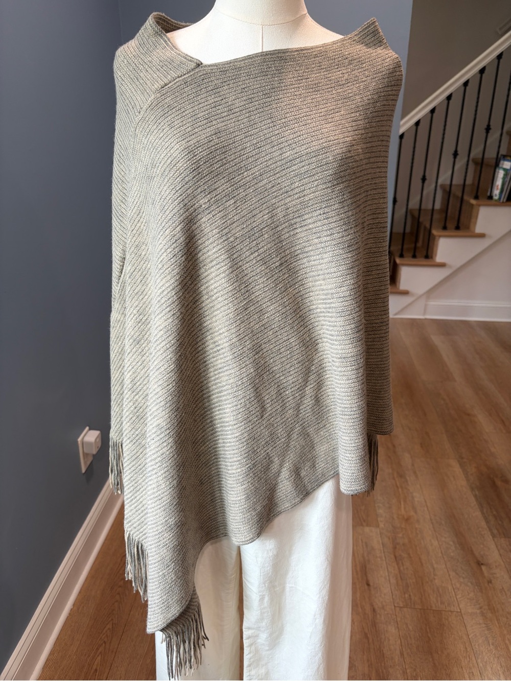 Gray Beige Knit Fringe Poncho Wrap Shawl One Size Boho Cozy